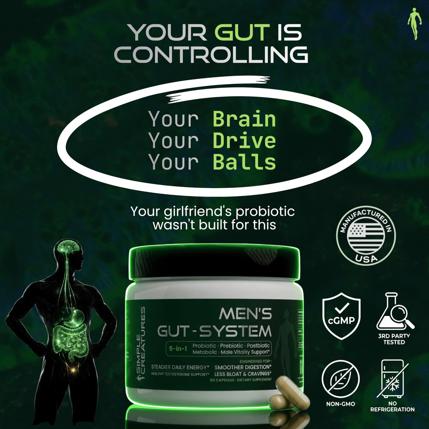 Simple Creatures Akkermansia Probiotic for Men AKK11 5-in-1 GLP-1 Support Debloat Complete Gut Health Male Drive Energy Synbiotic Boron & Tongkat Ali, 60 Capsules