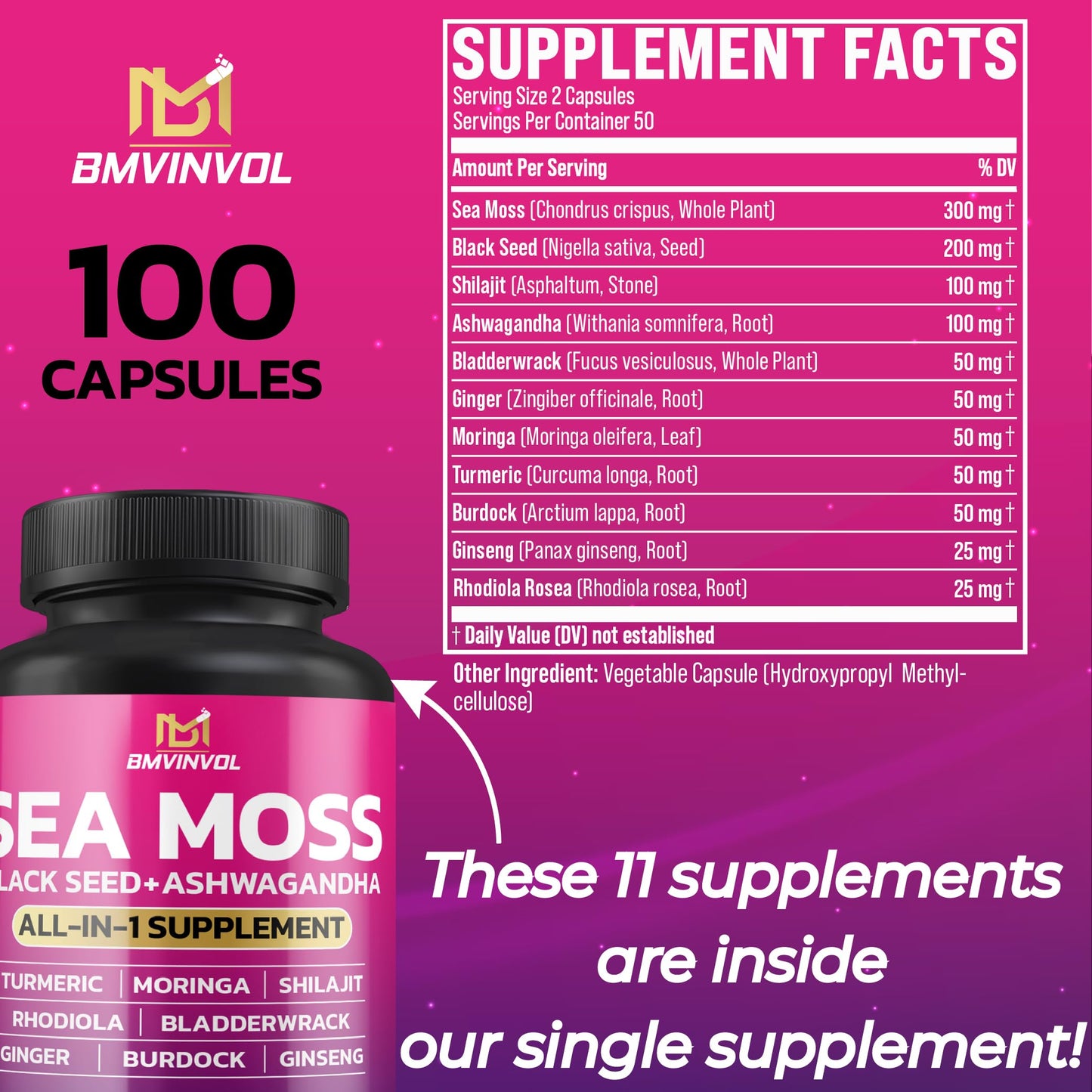 BMVINVOL Sea Moss Black Seed Shilajit Ashwagandha + Bladderwrack, Ginger, Moringa, Turmeric, Burdock, Ginseng, Rhodiola Rosea, 100 Capsules