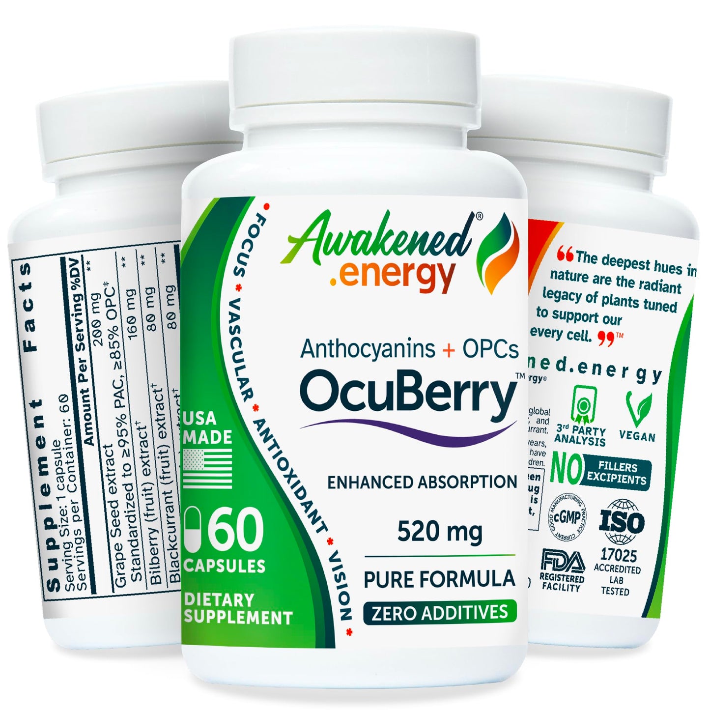 Awakened.energy OcuBerry Bilberry, Grape Seed, Black Currant & Black Rice Extracts Capsules, 60 Count