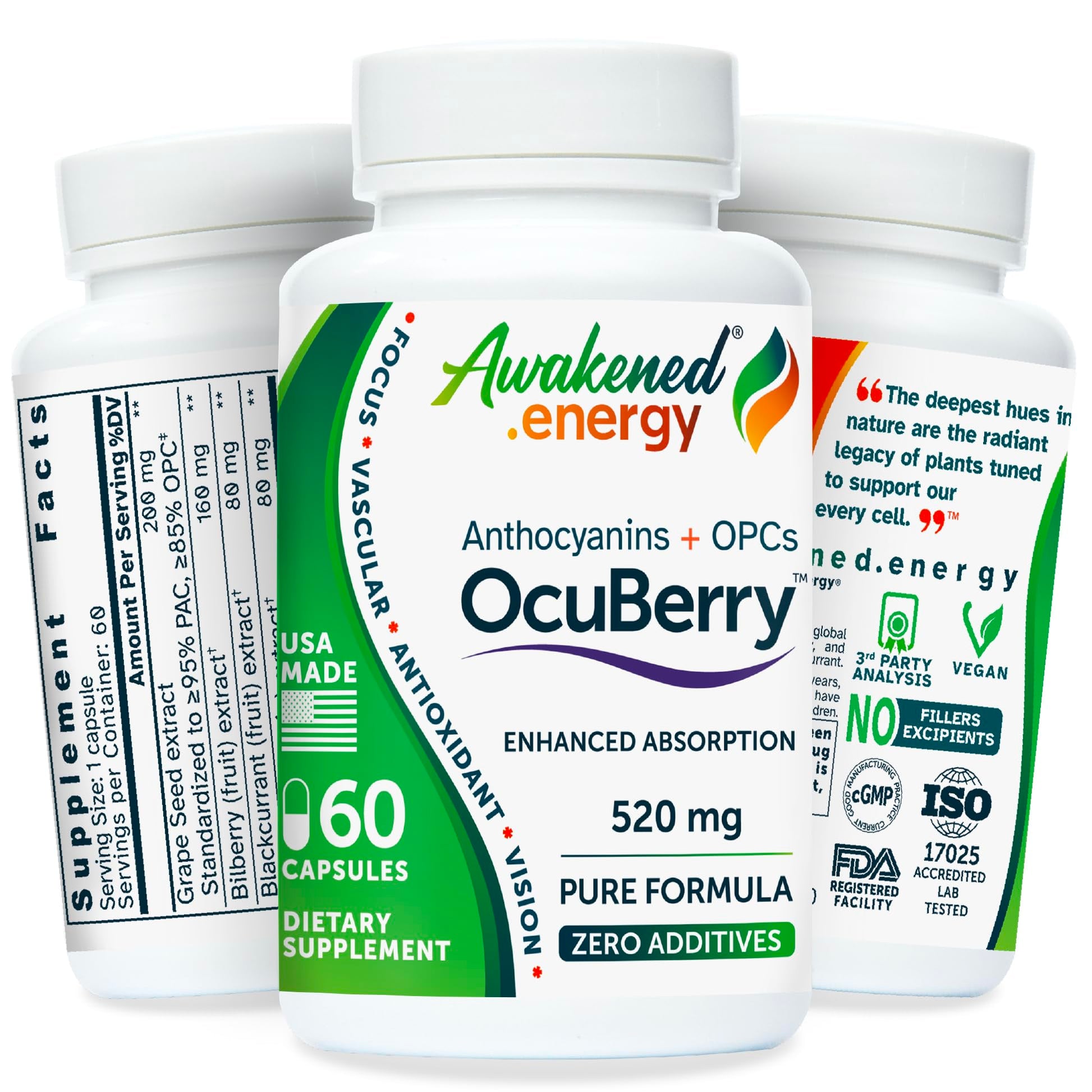 Awakened.energy OcuBerry Bilberry, Grape Seed, Black Currant & Black Rice Extracts Capsules, 60 Count