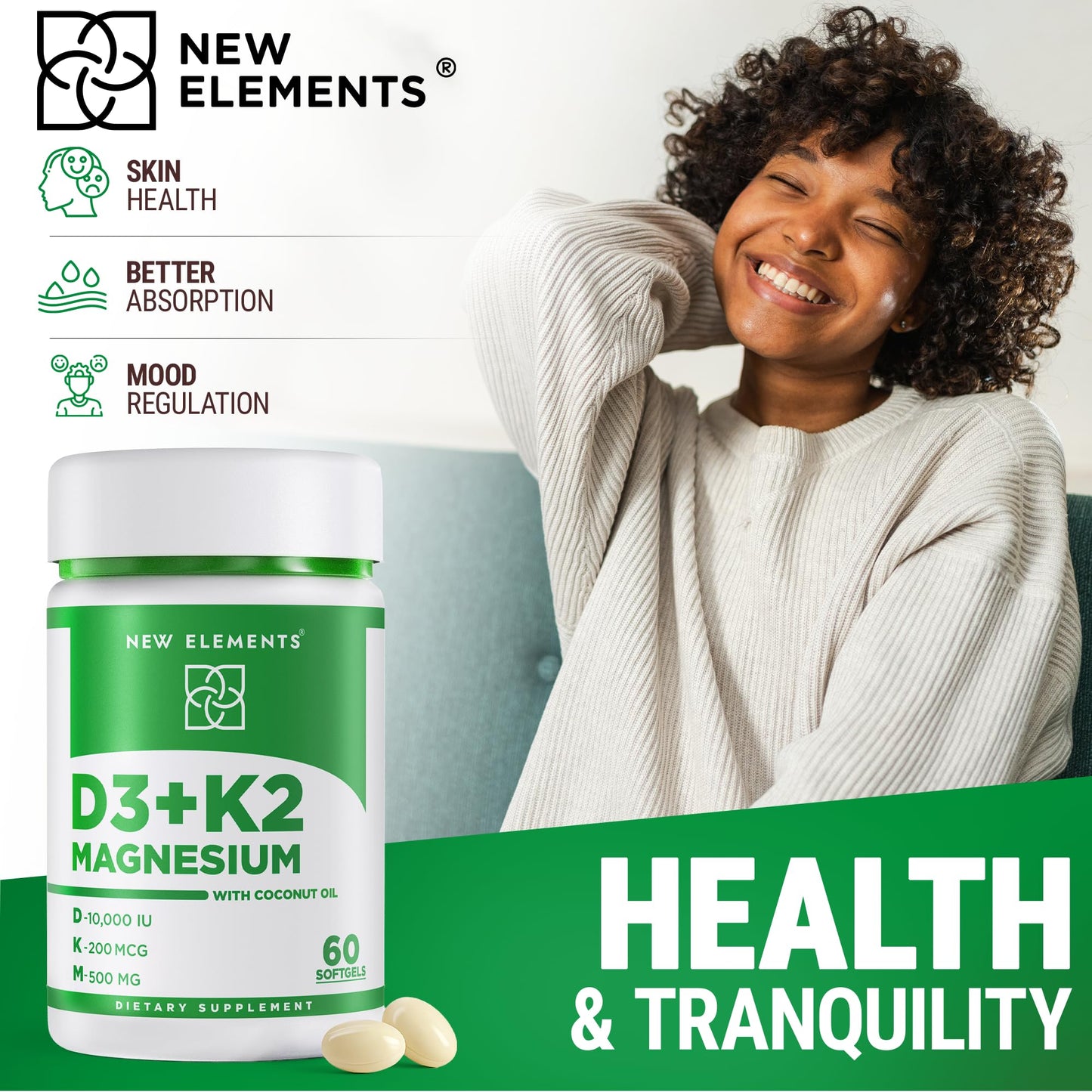 New Elements Vitamin D3 K2 10,000 IU with Magnesium Glycinate 500mg Softgels, 60 Count