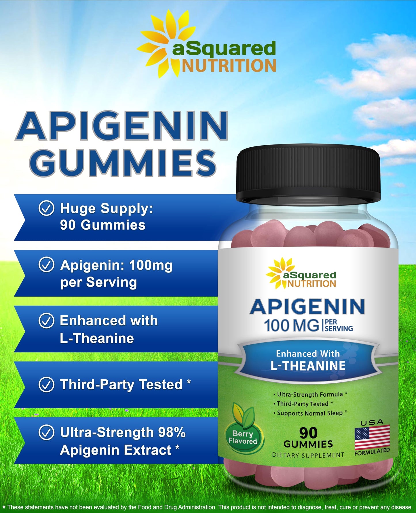 aSquared Nutrition Apigenin 100mg with L-Theanine 100mg Gummies, 90 Count