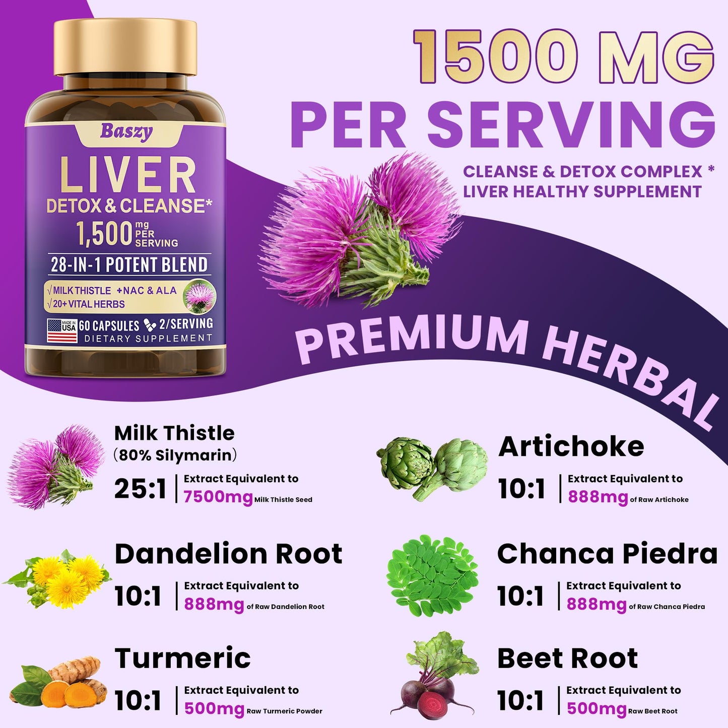 Baszy Liver Cleanse Detox & Repair 1500mg Capsule, 60 Count