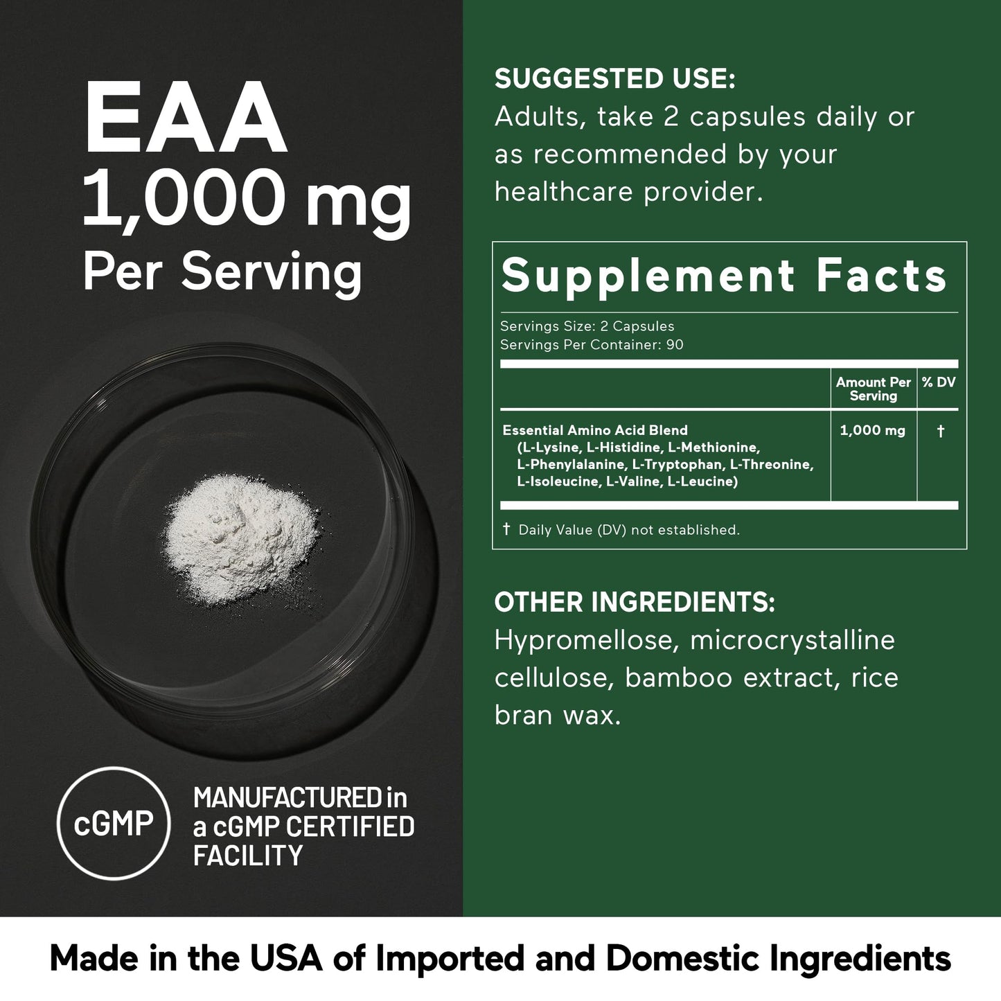 SMARTERNUTRITION Essential Amino Acids (EAA) Capsules, 1 Gram Per Serving of All 9 EAAs, 180 Count