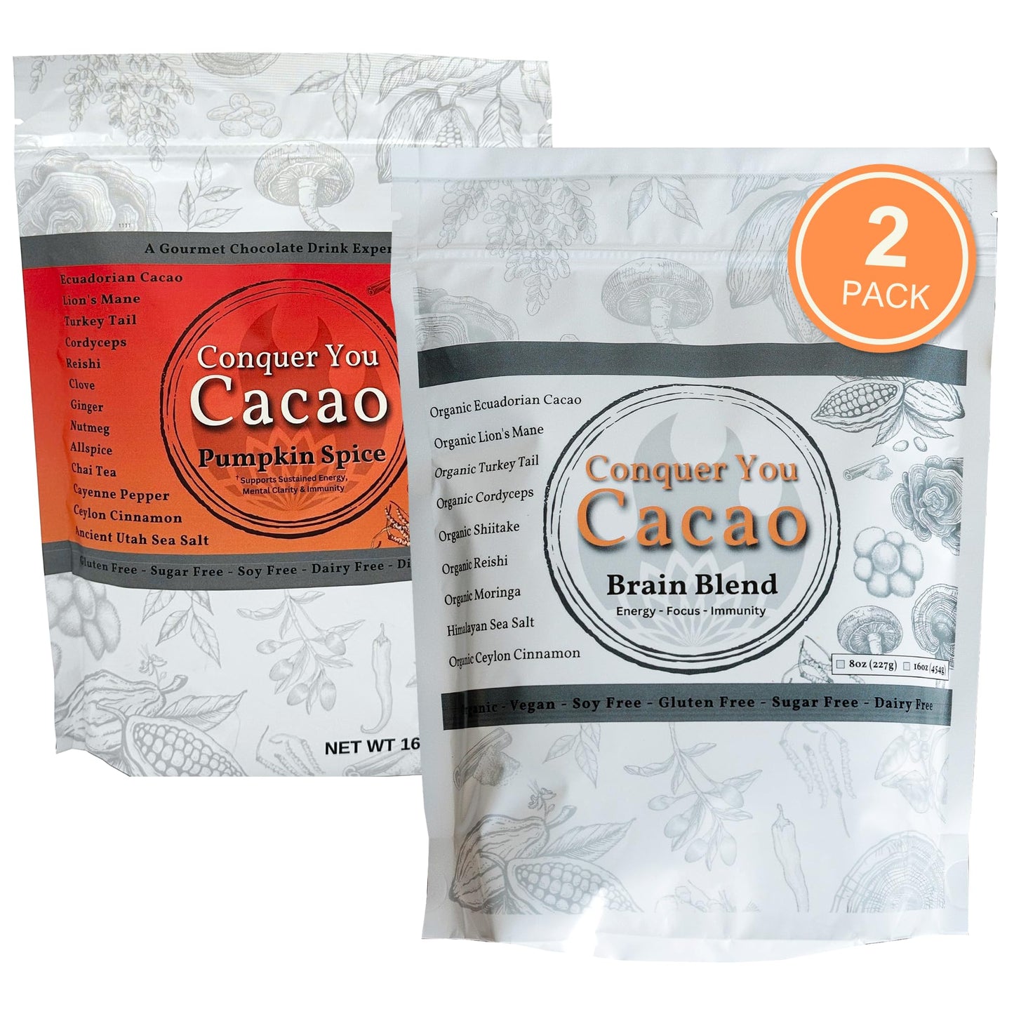 Conquer You Cacao Original & Pumpkin Spice Organic Mushroom Supplement Powder, 16 Ounce (Pack of 2)