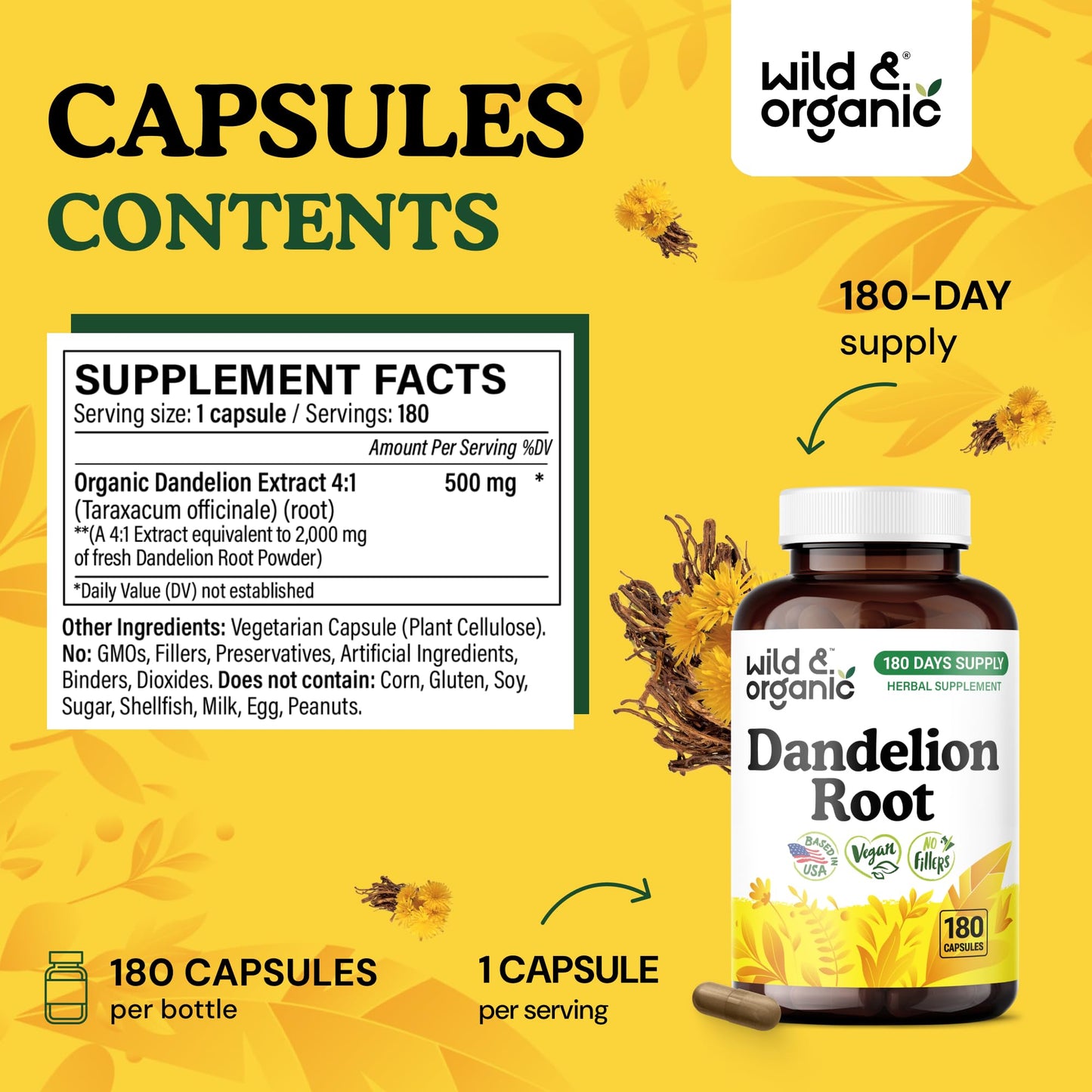 Wild & Organic Dandelion Root Capsules 180 Count
