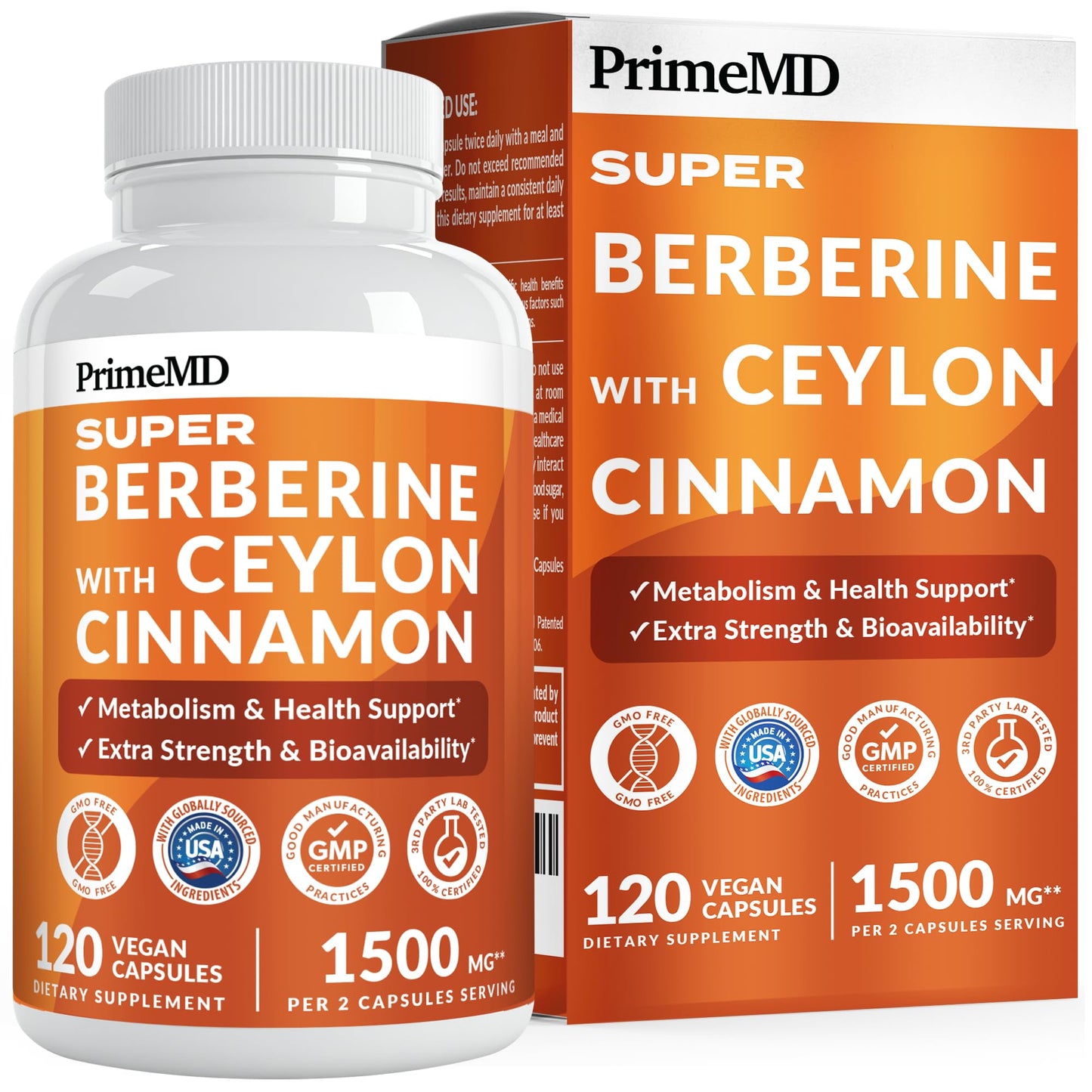 PrimeMD Berberine 1500mg, Ceylon Cinnamon, BioPerine & Turmeric Capsules, 120 Count