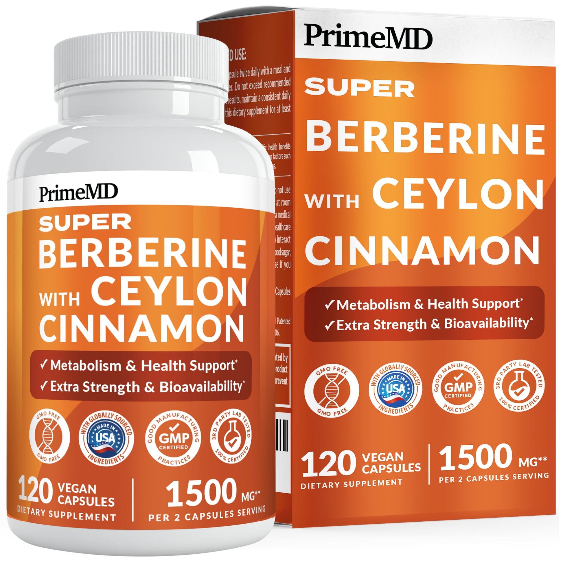 PrimeMD Berberine 1500mg, Ceylon Cinnamon, BioPerine & Turmeric Capsules, 120 Count
