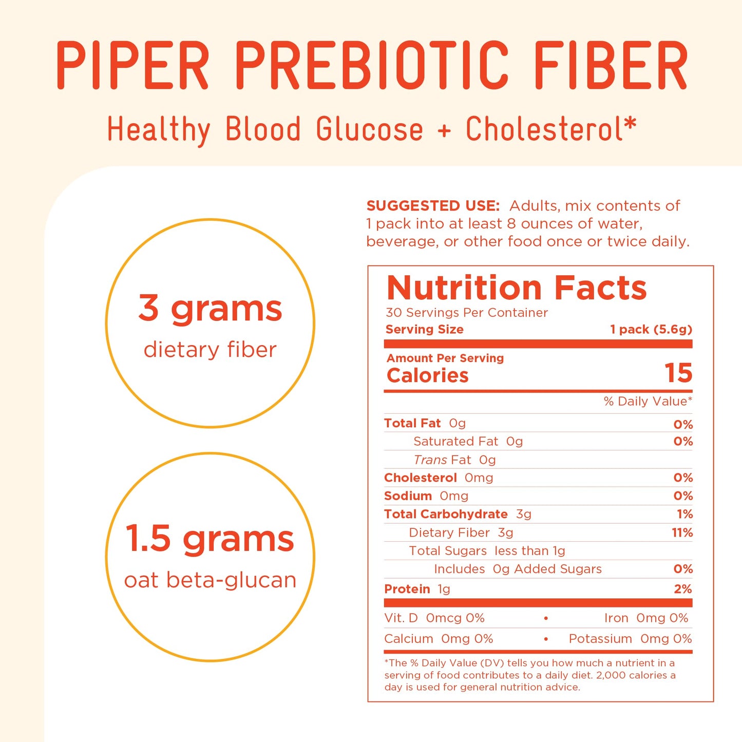 Piper Biosciences Oat Beta Glucan Fiber Powder, 30 Packets