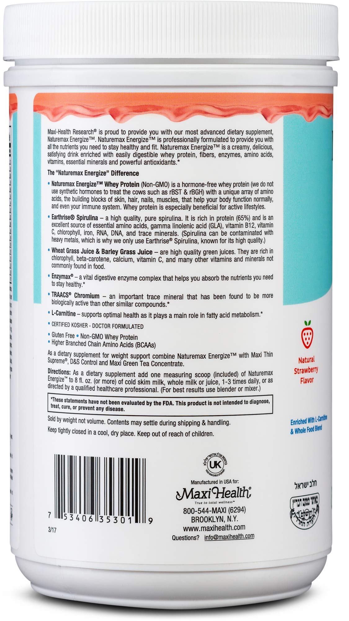 Maxi Health Naturemax Energize, Whey Protein Powder and Meal Replacement Kosher, Strawberry, 1.17 Pound