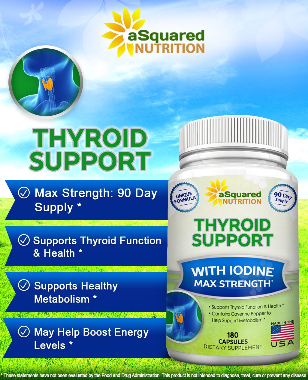 aSquared Nutrition Premium Thyroid Support Supplement with Iodine Capsule 180 Count