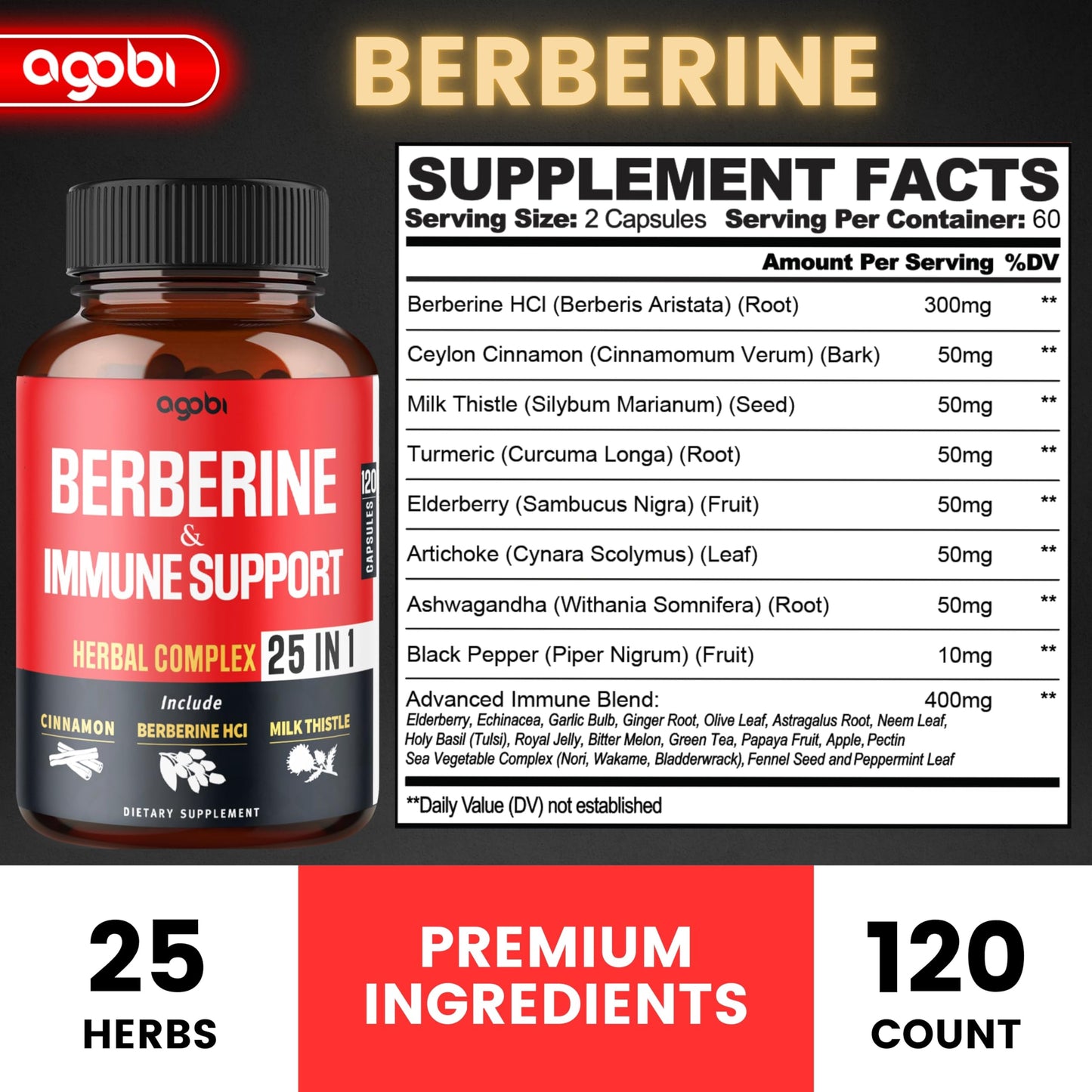 agobi Premium Berberine Supplement with Ceylon, Ashwagandha, Turmeric, Milk Thistle, Elderberry & Black Pepper 120 Capsules