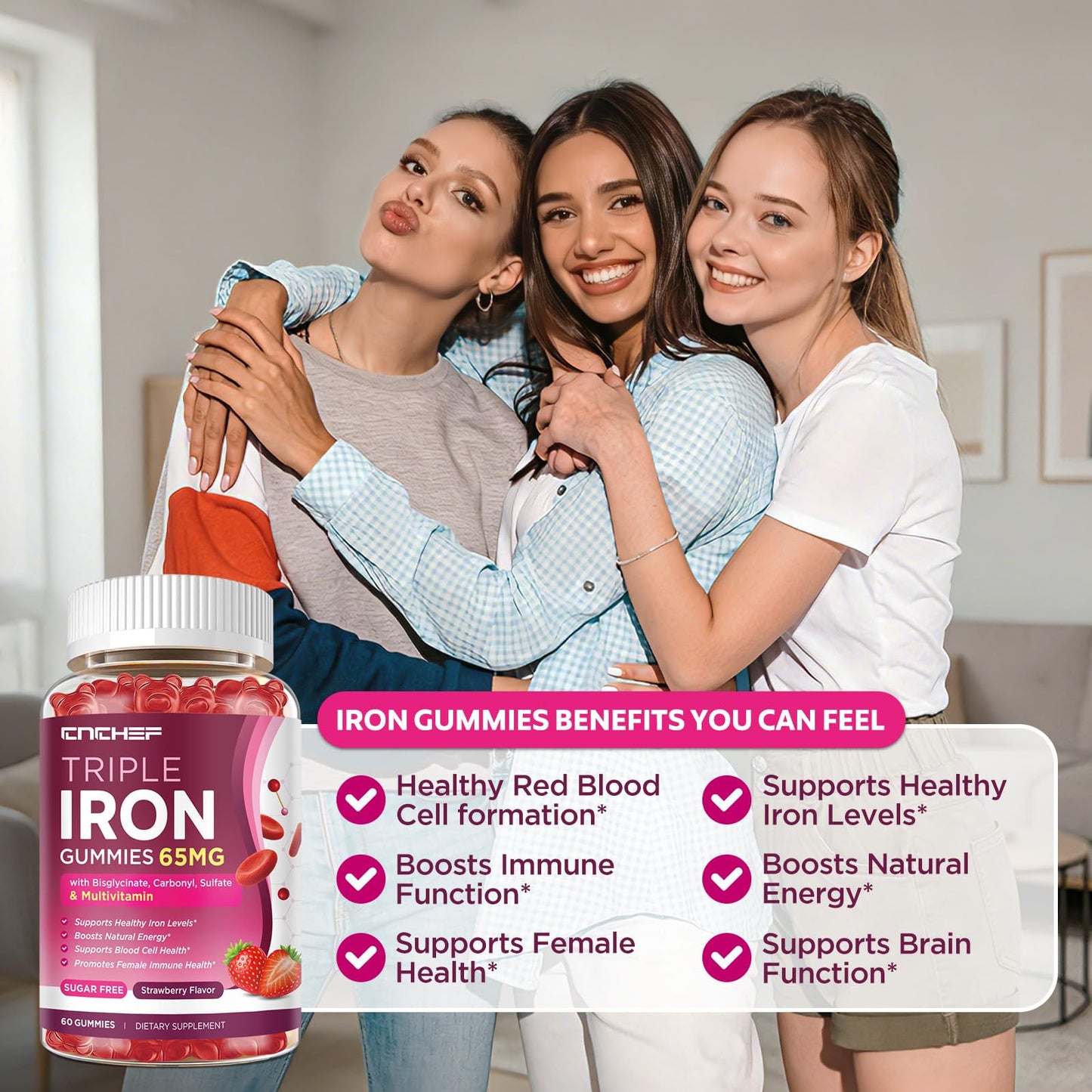CNCHEF 65mg Iron Gummies with Multivitamin, Sugar-Free Strawberry Flavor, Iron Supplement for Adults, 120 Count
