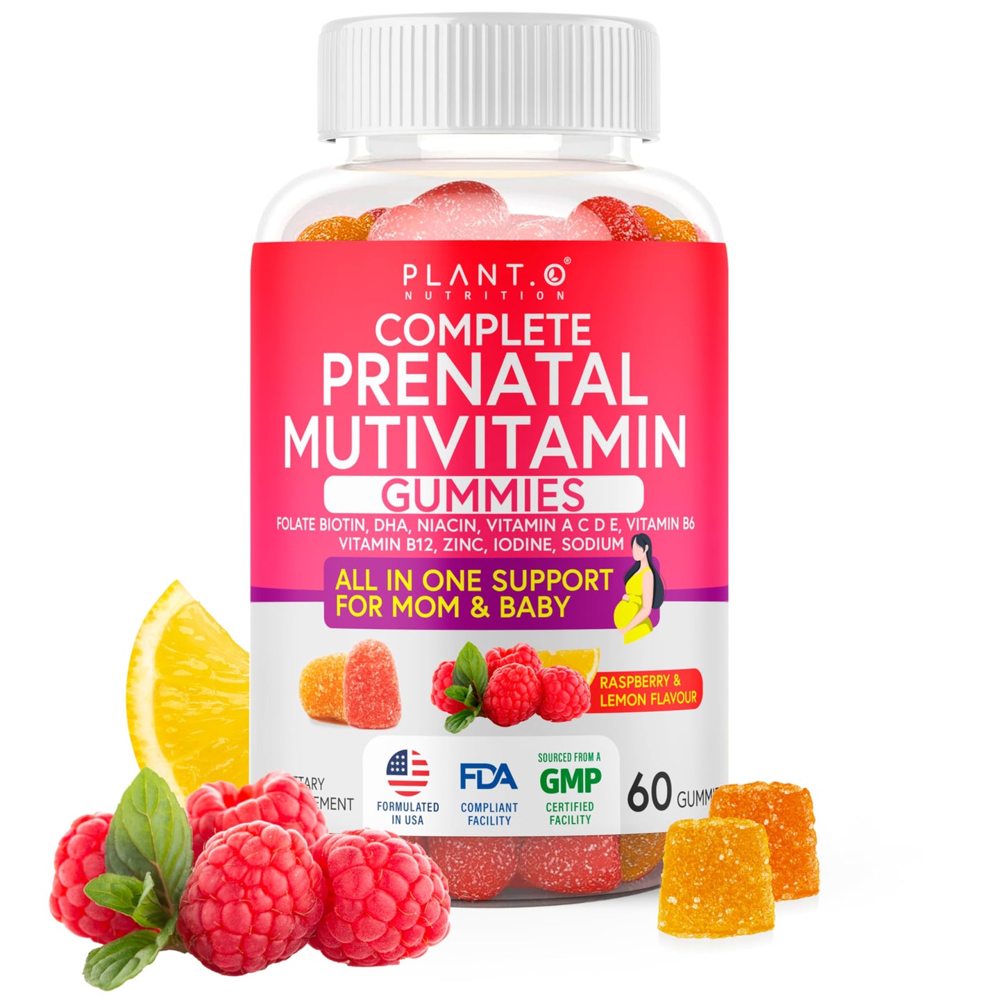 PLANT.O NUTRITION Prenatal Gummies for Women with DHA, Folate, Vitamins B C D, 60 Count