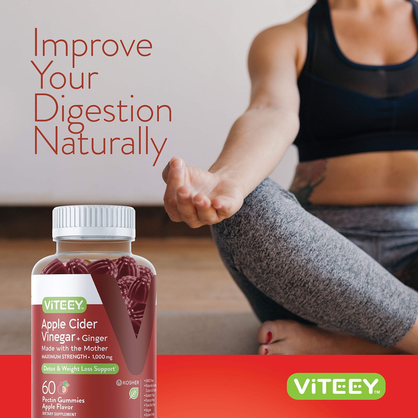 Viteey Apple Cider Vinegar Gummies with Ginger - 1000mg Pectin Gummy, 120 Count