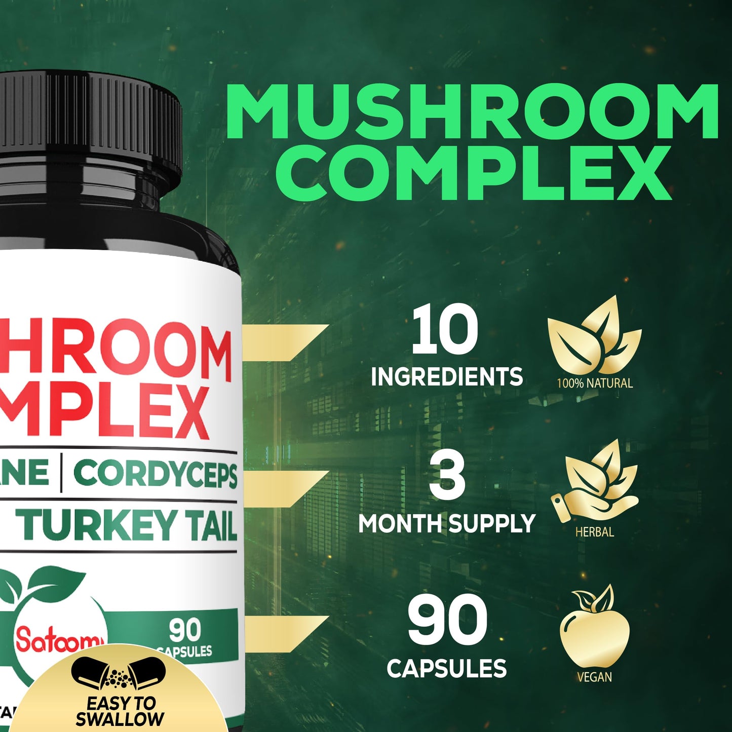 Satoomi 10in1 Lions Mane Supplement Complex Capsule 90 Count
