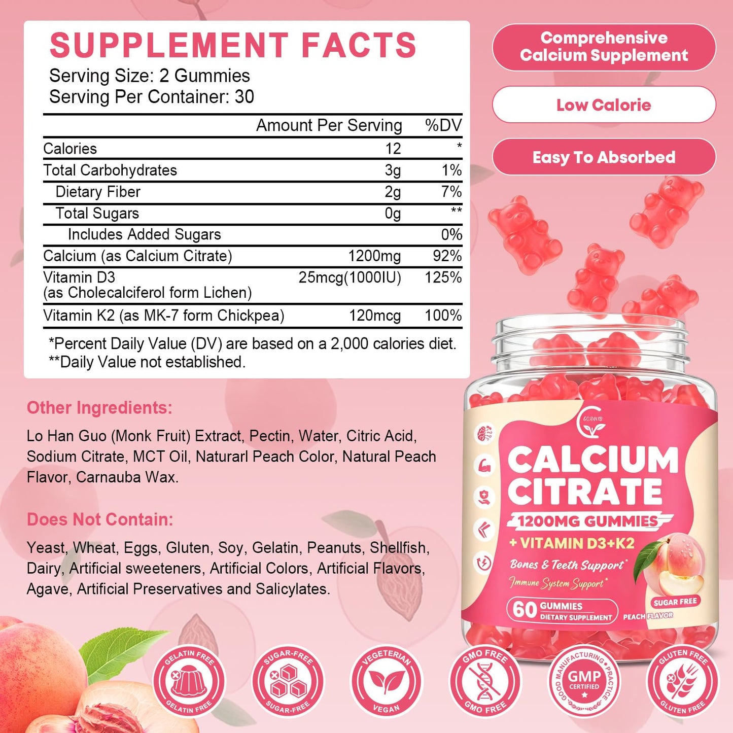 GORNVB Calcium Citrate Gummies 1200 mg with Vitamin D3, K2, Vegan, 60 Gummies