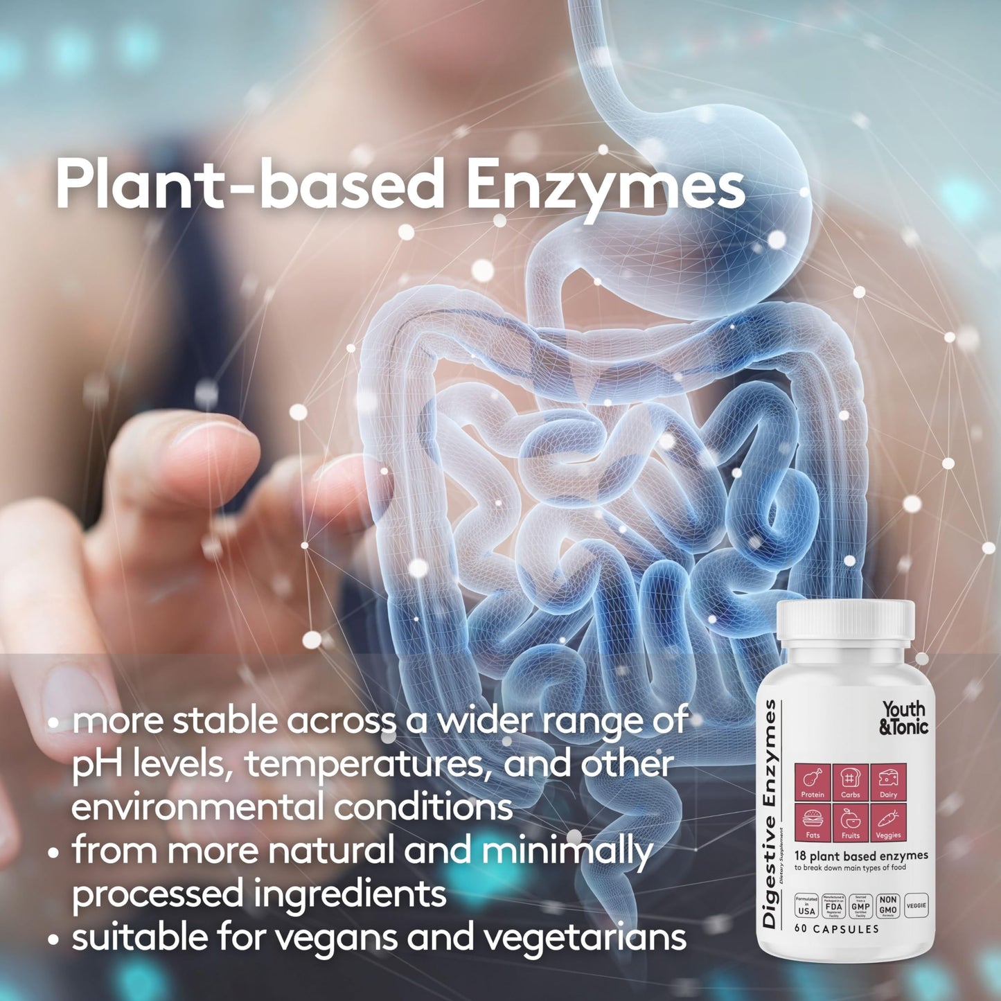 Youth & Tonic Digestive Enzymes with Amylase, Bromelain, Lipase, Lactase, Protease, Papain Capsule 60 Count