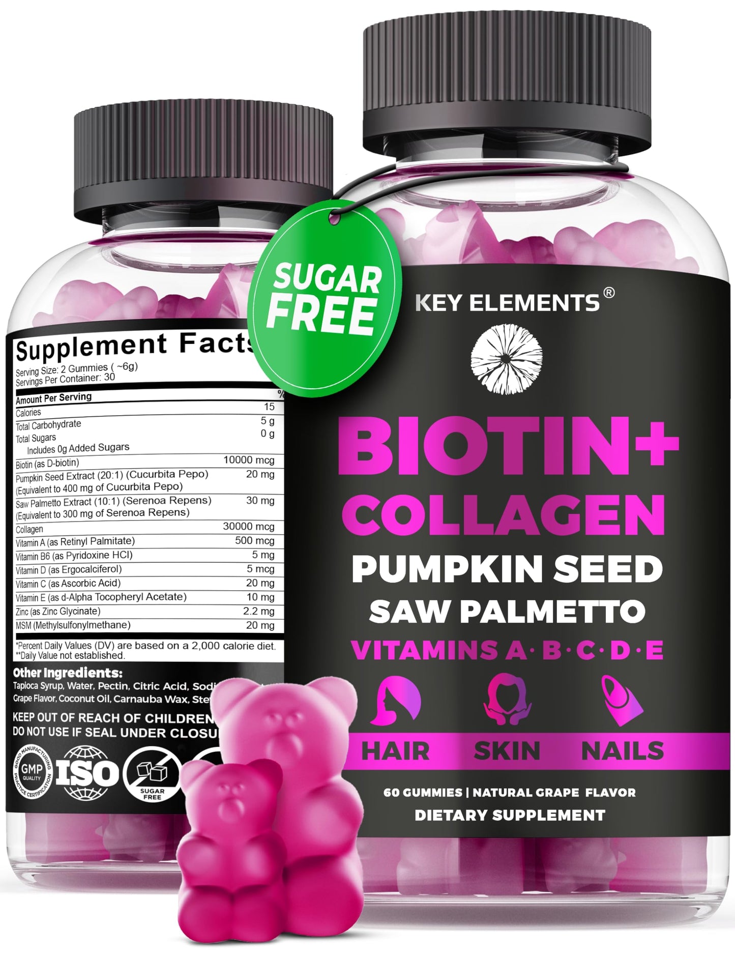 KEY ELEMENTS Hair Skin and Nails 10000mcg Biotin & Collagen, Gummy, 60 Count