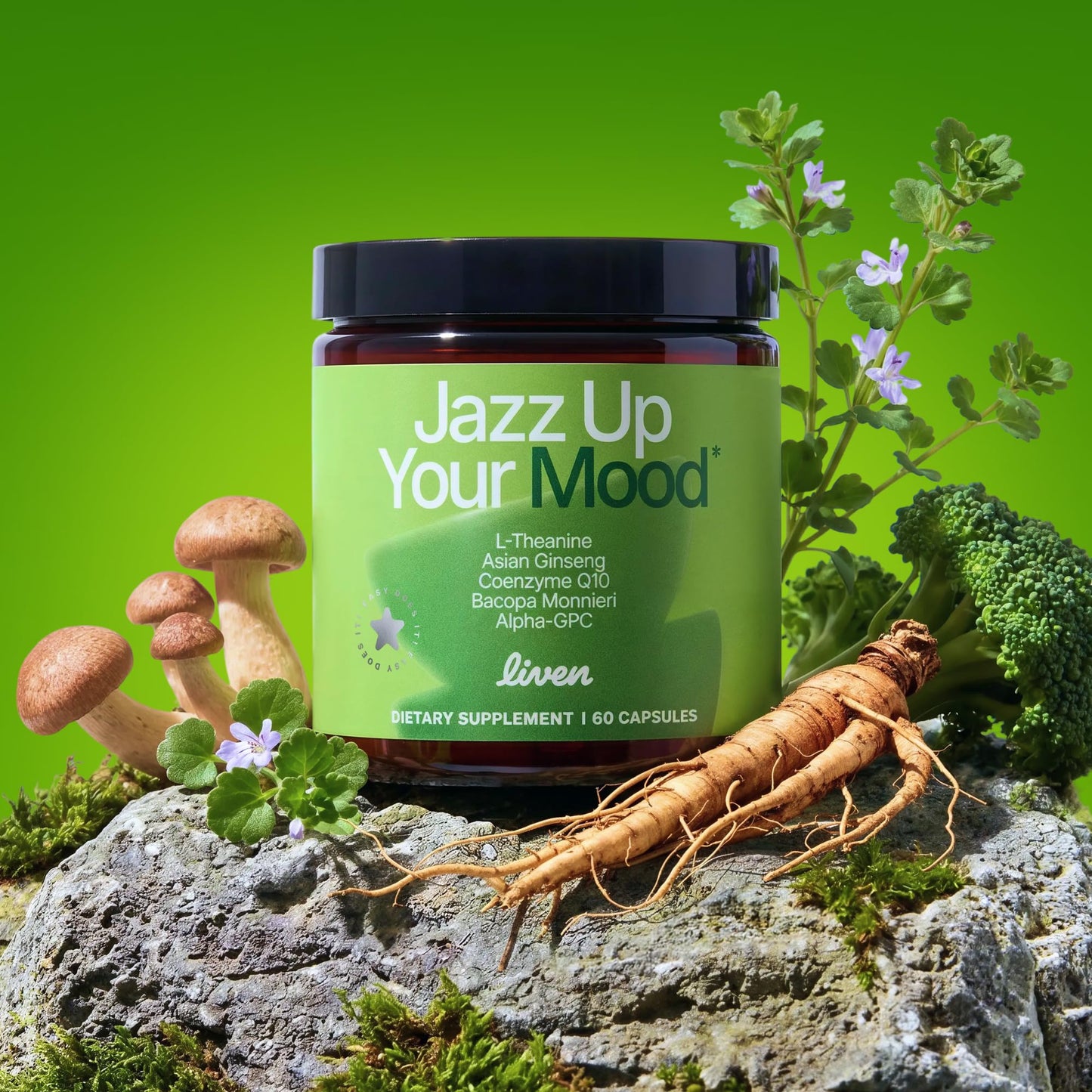 LIVEN SUPPLEMENTS Jazz Up Your Mood L-Theanine Asian Ginseng CoQ10 Bacopa Alpha-GPC Daily Focus & Clarity Support Capsule, 60 Count