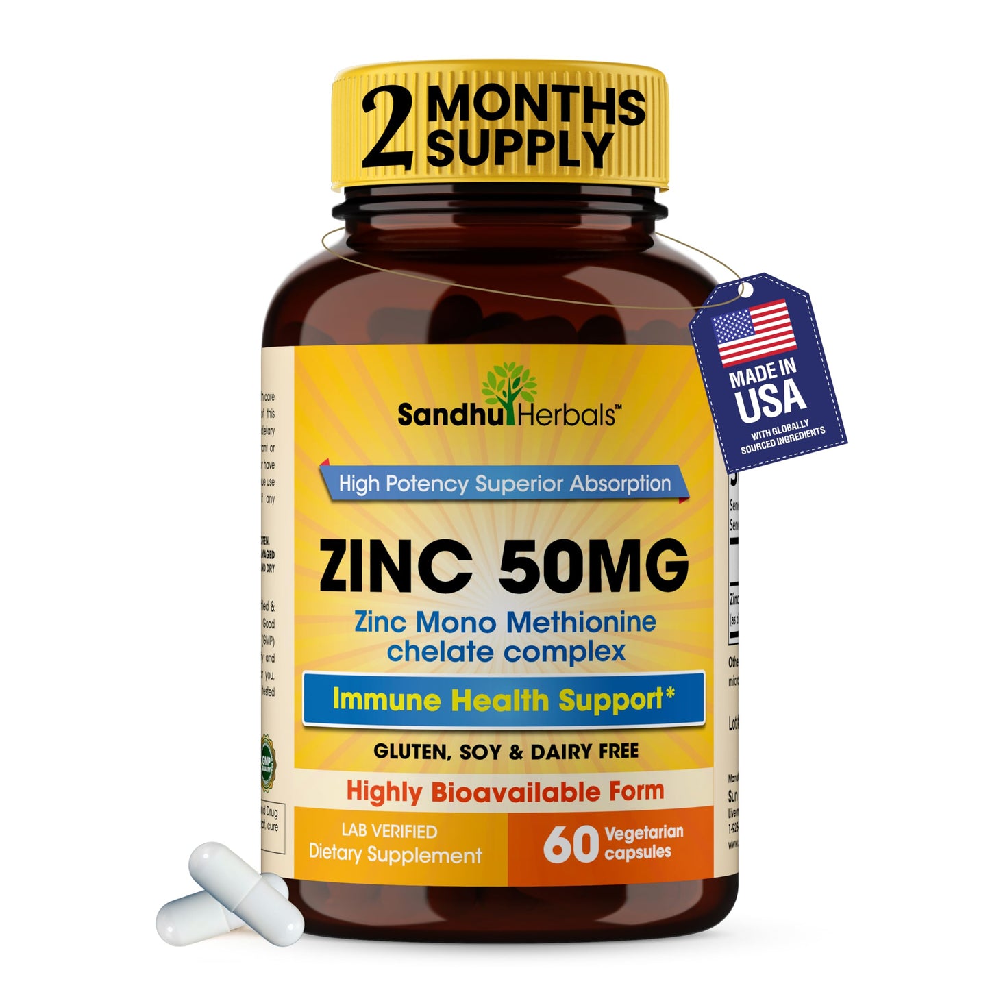SANDHUHERBALS Zinc 50mg Capsules for Men and Women, 60 Count