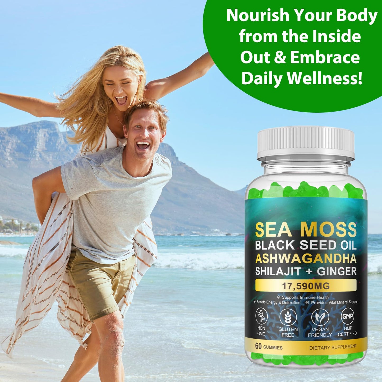 Generic Sea Moss Gummies with Elderberry, Black Seed Oil, Ashwagandha & Ginger, 60 Count