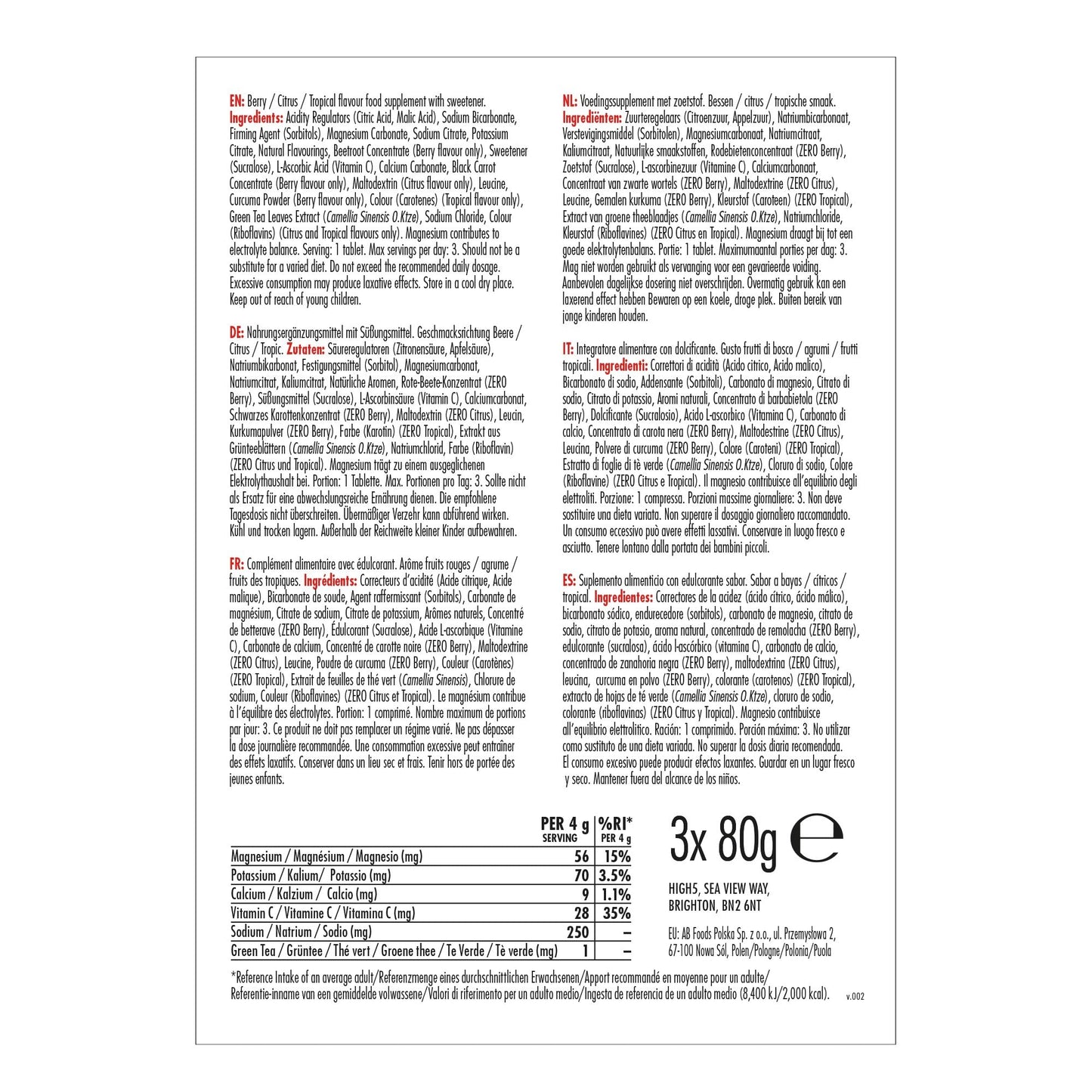 HIGH5 Zero Electrolyte Hydration Tablets Added Vitamin C 60 Tablets