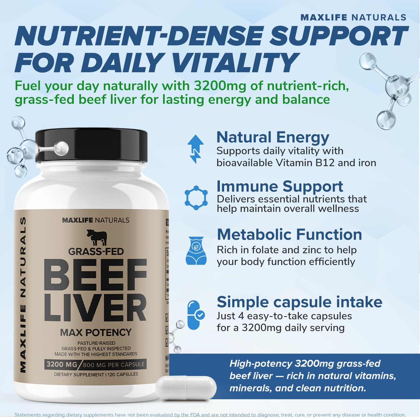 MAXLIFE NATURALS Grass Fed Beef Liver Capsules 3200mg, 120 Capsules
