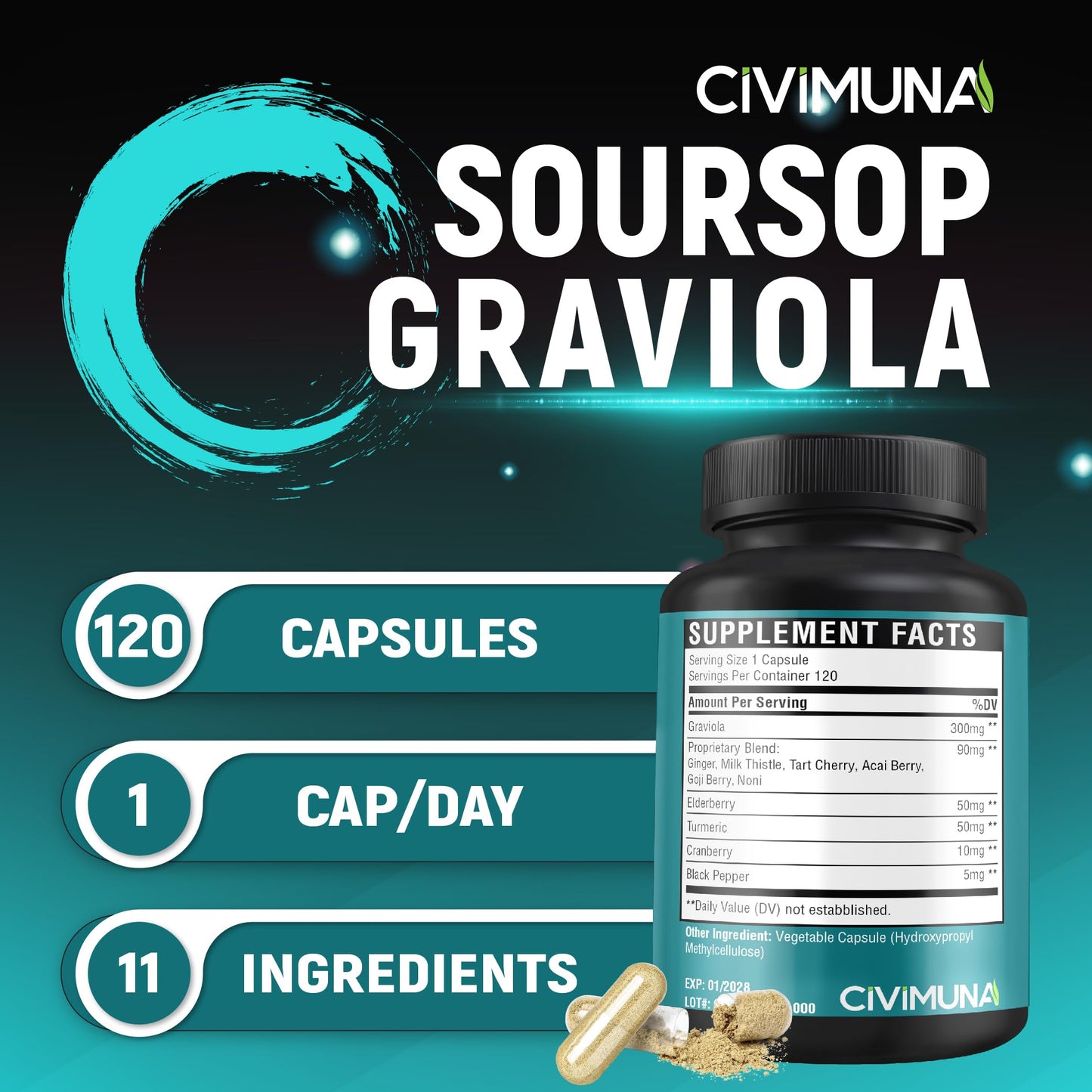 CIVIMUNA Soursop Graviola Capsules with Elderberry, Turmeric, Ginger, Milk Thistle, Tart Cherry and More 120 Capsules