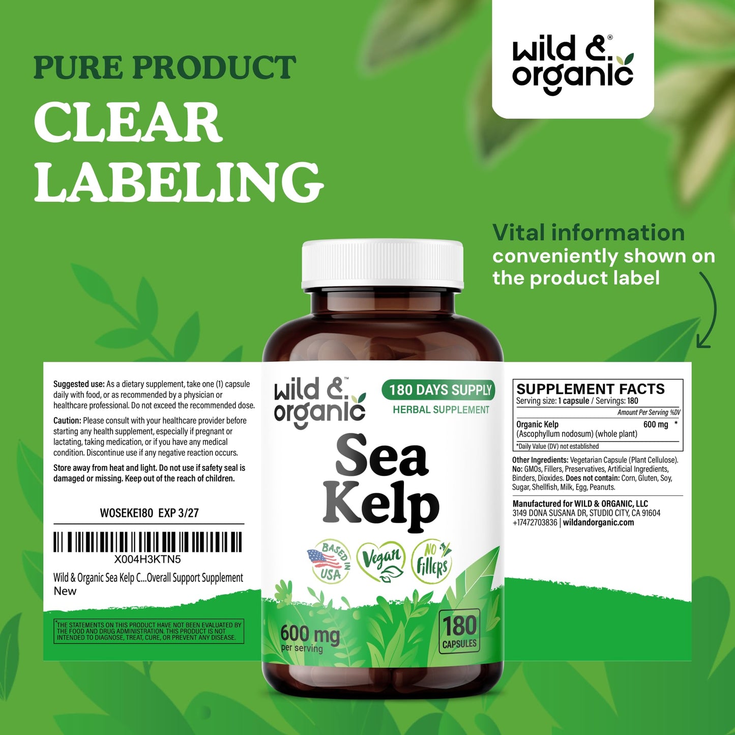 Wild & Organic Sea Kelp Capsules 600 mg, 180 Count