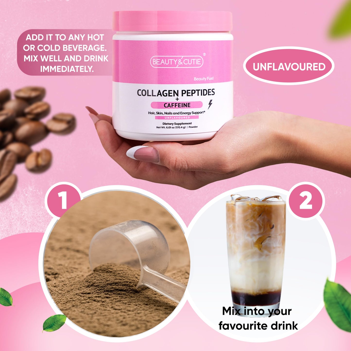 BEAUTY AND CUTIE Collagen Peptides with Caffeine 200 mg Powder 6.01 oz