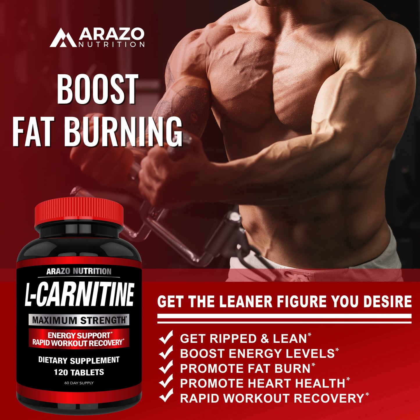 Arazo Nutrition Super Strength L-Carnitine 1000mg with Calcium Tablets 120 Count