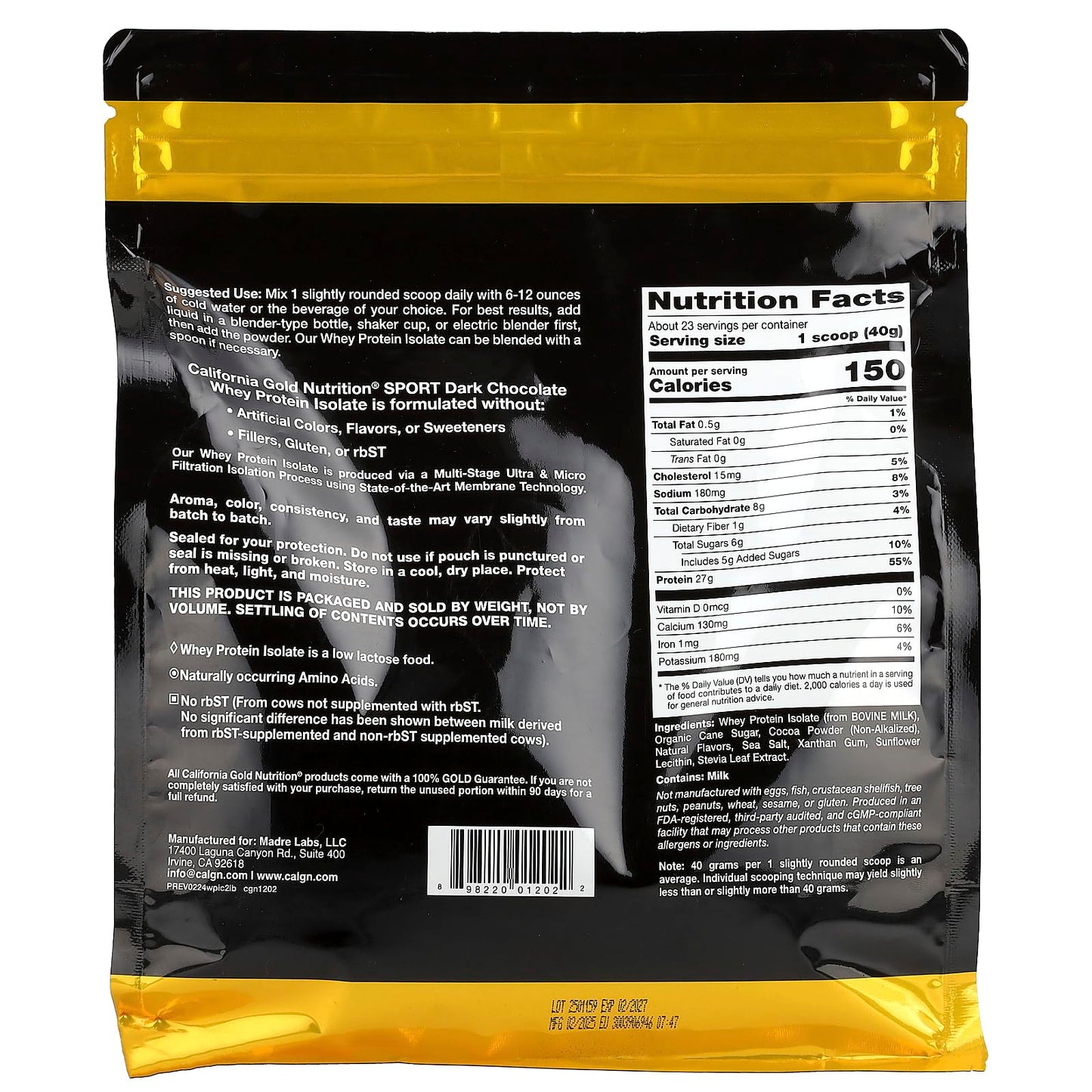 California Gold Nutrition Sport Whey Protein Isolate Powder, Dark Chocolate, 32 Servings