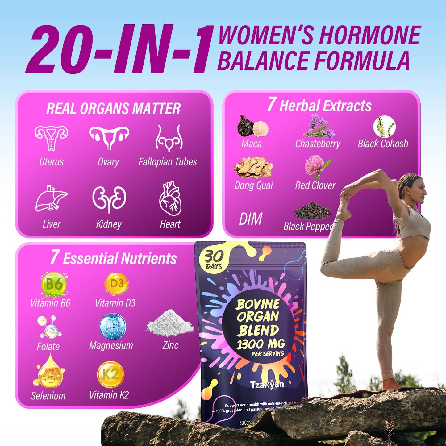 Tzaxyan Pure Beef Organ Supplement for Women 20-in-1 Grass Fed Beef Liver, Uterus, Ovary, Kidney, Heart & Fallopian Tubes with Maca, DIM, Black Cohosh Capsule 60 Count