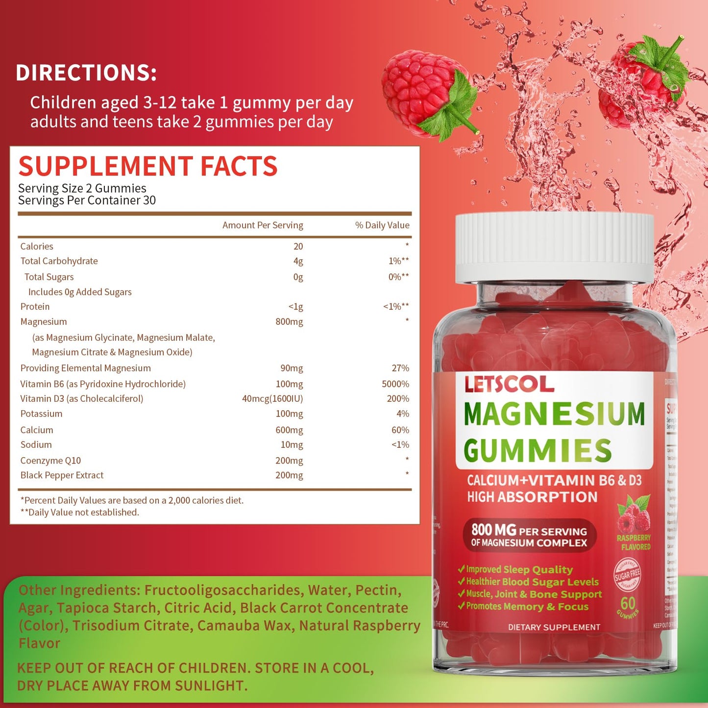 LETSCOL Magnesium Glycinate Gummies 800mg per Serving, 60 Count