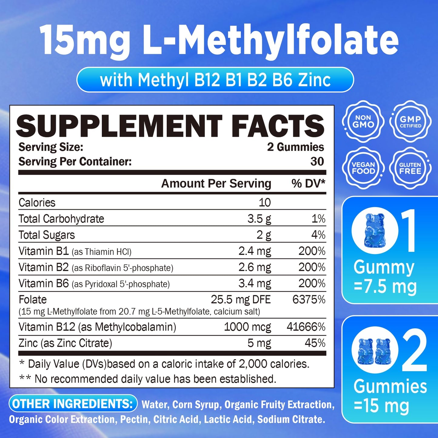 ZA'ZA K ORGANICS L-Methylfolate 15mg & Methyl B12 1000mcg Gummies 60 Count