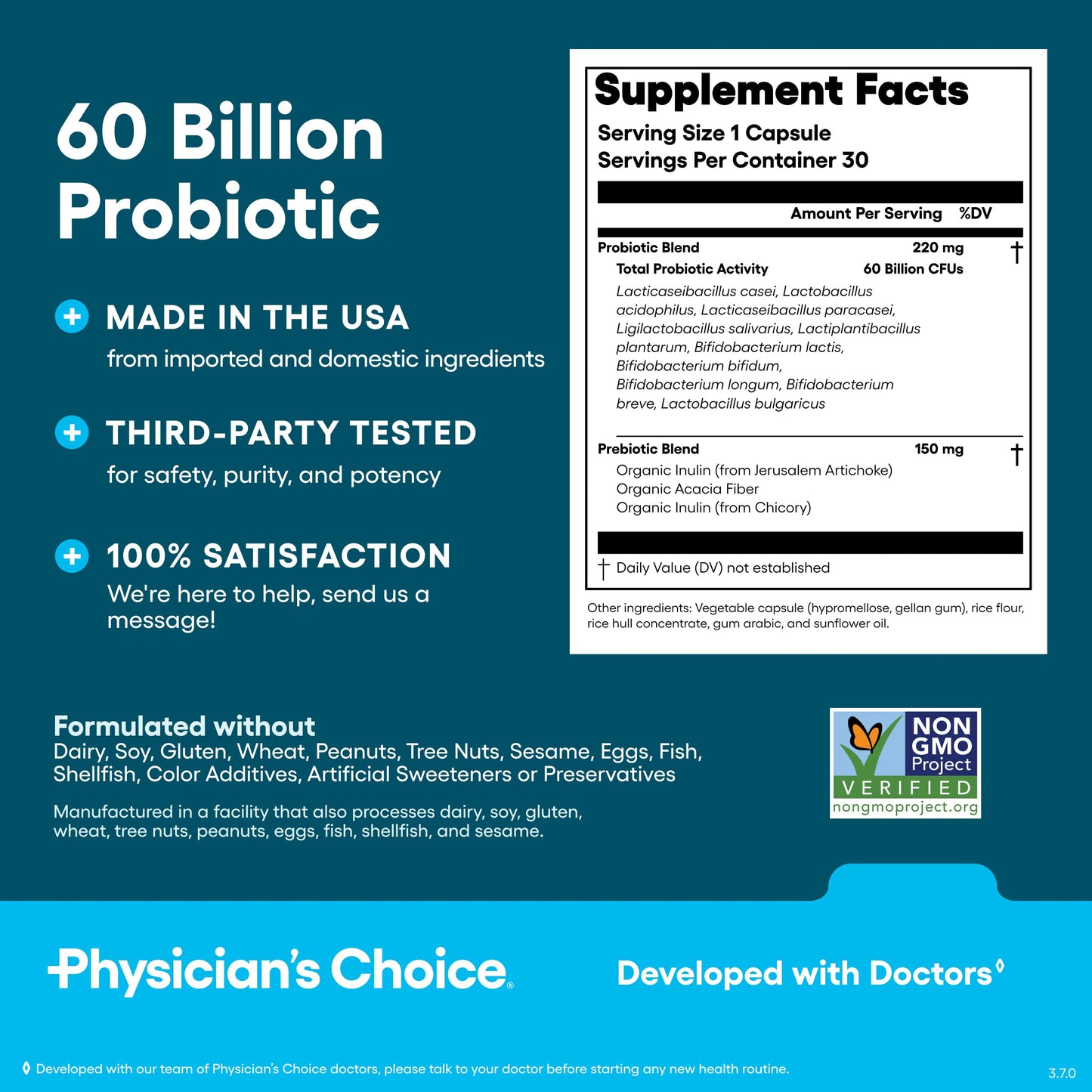 Physician's CHOICE Probiotics 60 Billion CFU - 10 Strains + Organic Prebiotics, Capsule, 30 Count