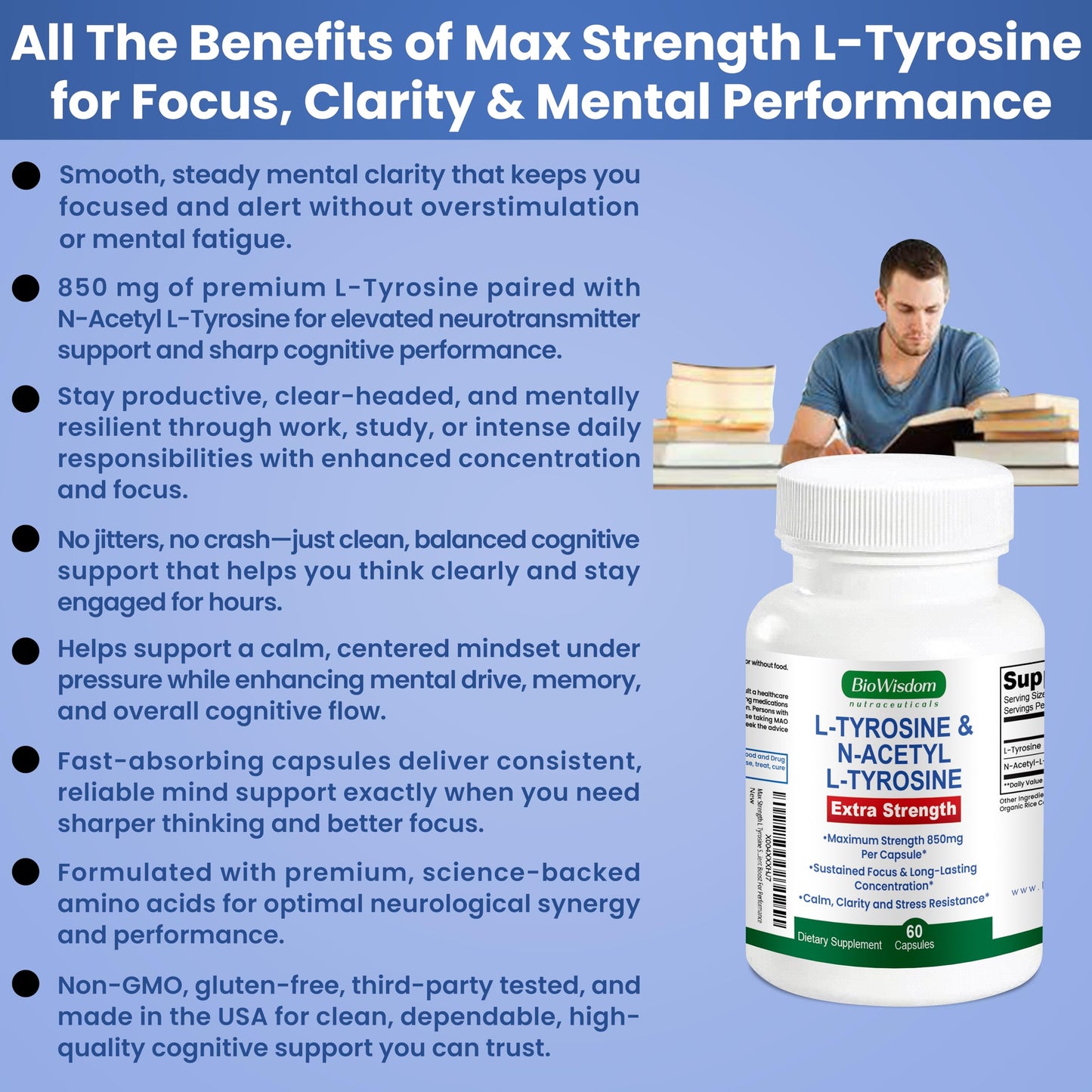 BioWisdom Nutraceuticals Max Strength L Tyrosine Supplement & N Acetyl L Tyrosine Peak Focus, Alertness, Concentration, Body & Mind Energy Capsule, 60 Count