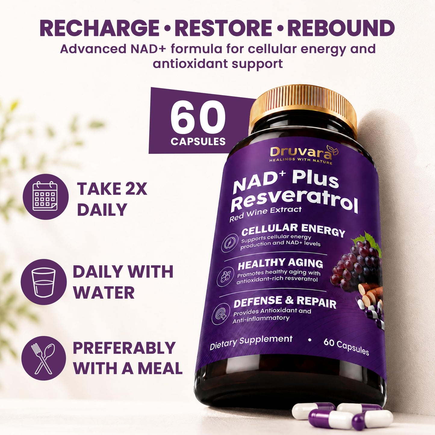 Druvara NAD Resveratrol Supplement Capsules with Red Wine Extract, 60 Count