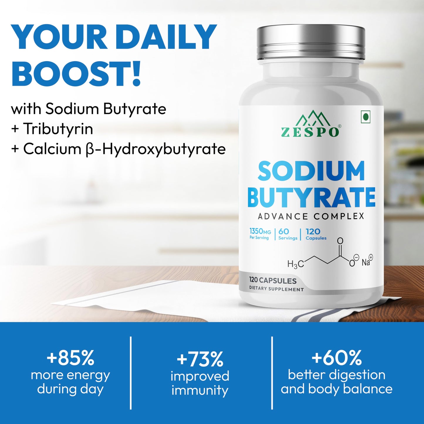 Zespo Sodium Butyrate 1000 mg (1350 mg Advanced Complex) – Micro-Encapsulated Butyrate with Tributyrin, Calcium BHB & Baobab – 120 Capsules