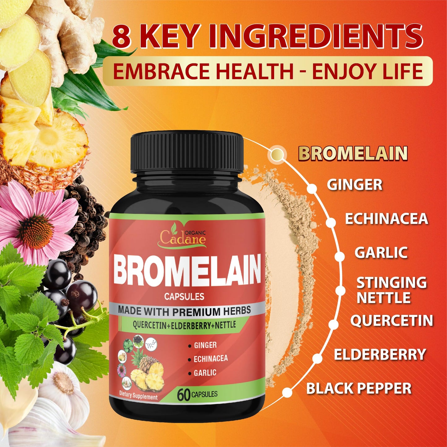 Organic Cadane Bromelain Extract with Quercetin, Elderberry, Ginger, Echinacea, Garlic, Black Pepper, 60 Capsules