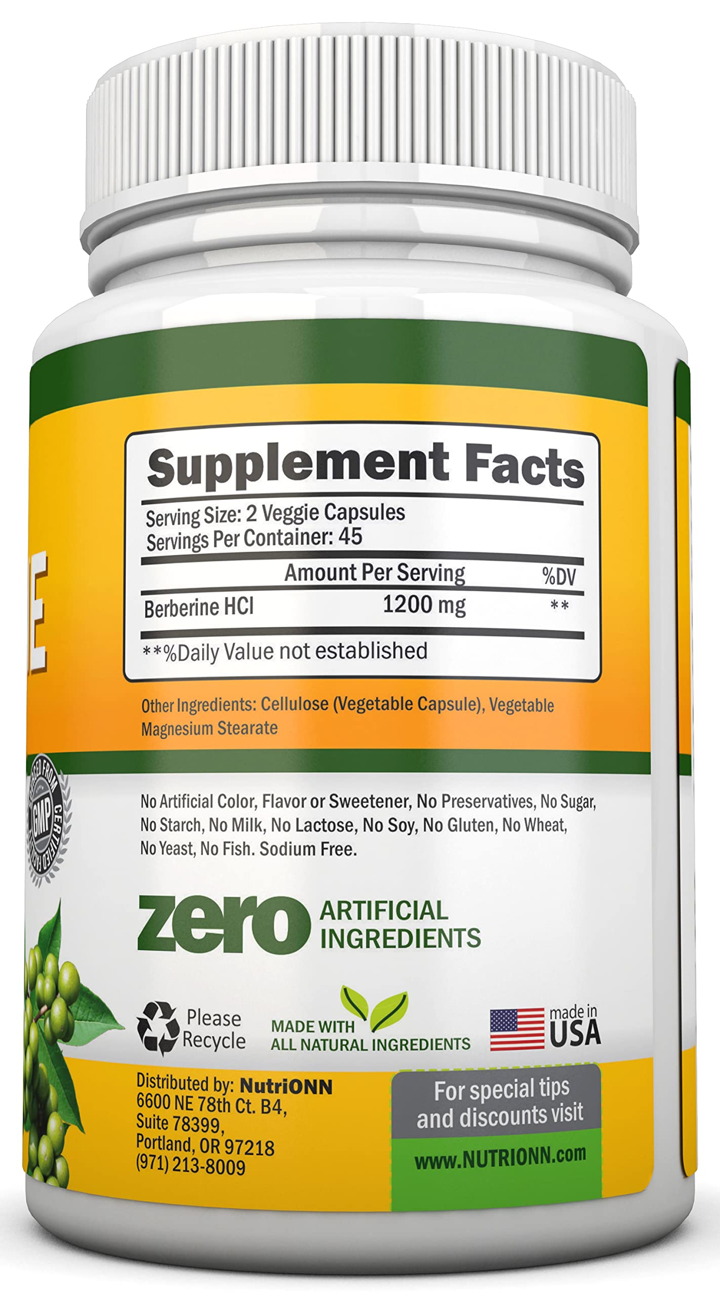 NutriONN Berberine HCL Extract 1200mg per Serving, 90 Vegetarian Capsules