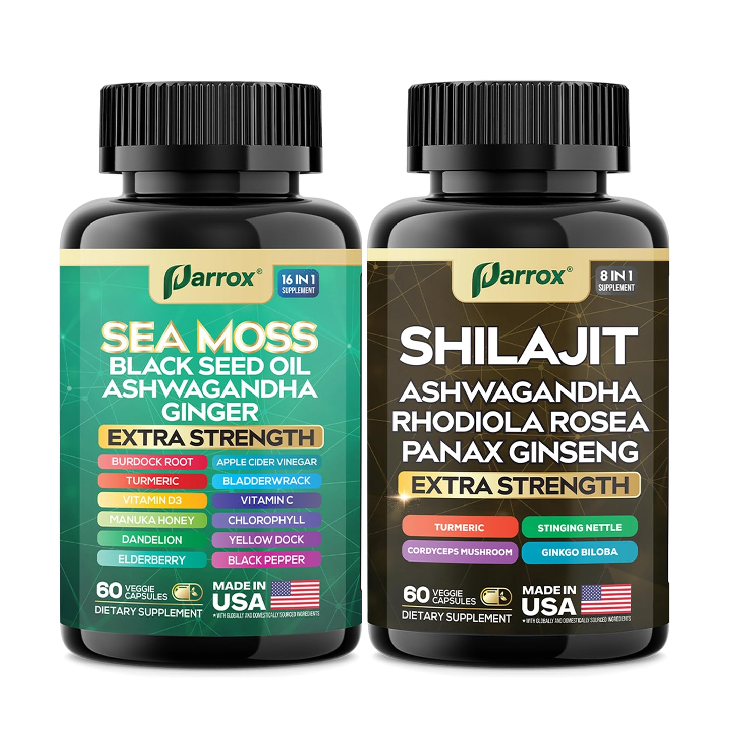 Parrox Shilajit & Sea Moss Bundle with Black Seed Oil & Ashwagandha, Vitality, 240 Capsules