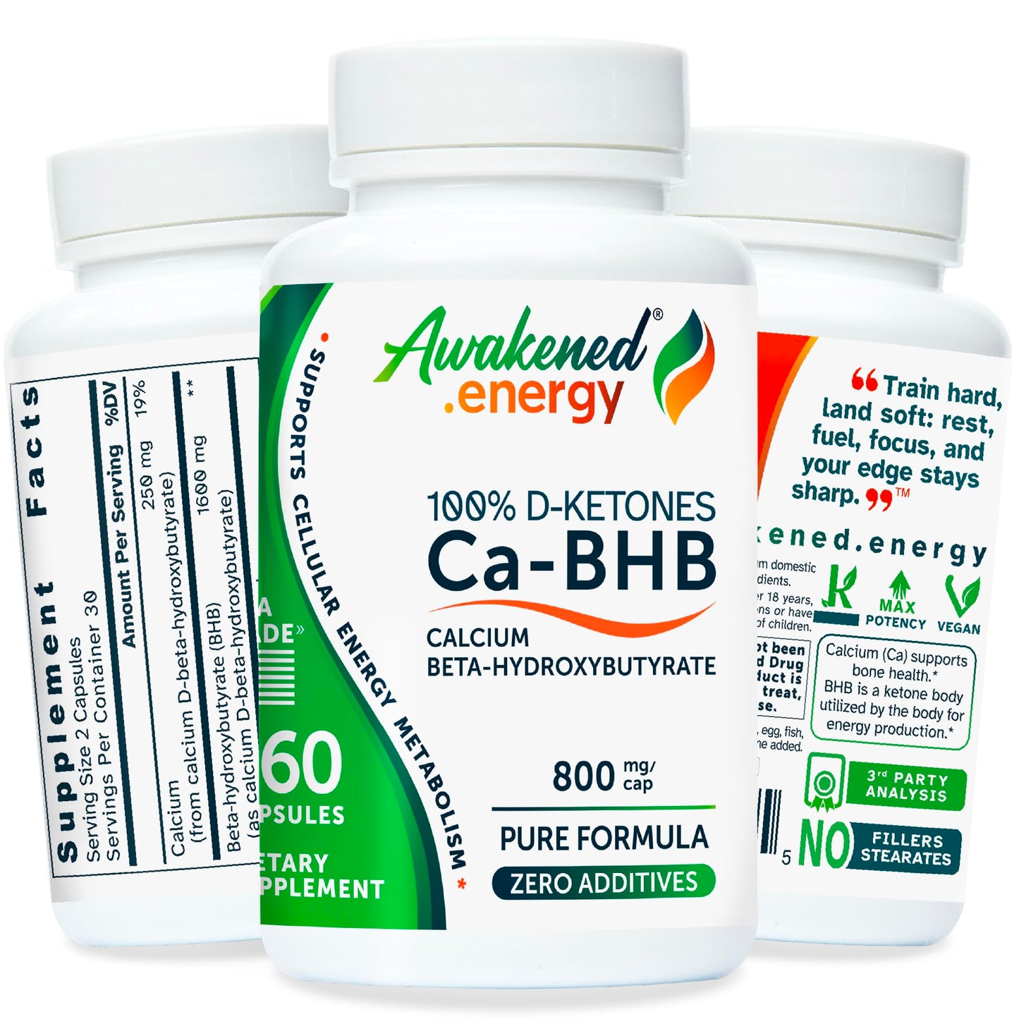 Awakened.energy Ca-BHB Calcium Beta-Hydroxybutyrate Supplement – 100% D-Ketones for Keto Energy, Mental Focus & Bone Health – Pure Formula, No Fillers – 60 Capsules