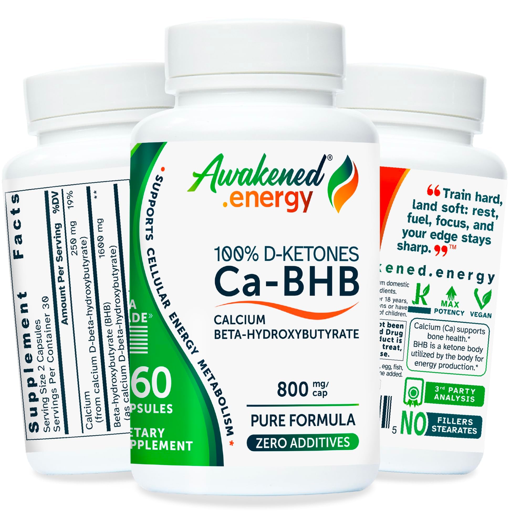 Awakened.energy Ca-BHB Calcium Beta-Hydroxybutyrate Supplement – 100% D-Ketones for Keto Energy, Mental Focus & Bone Health – Pure Formula, No Fillers – 60 Capsules