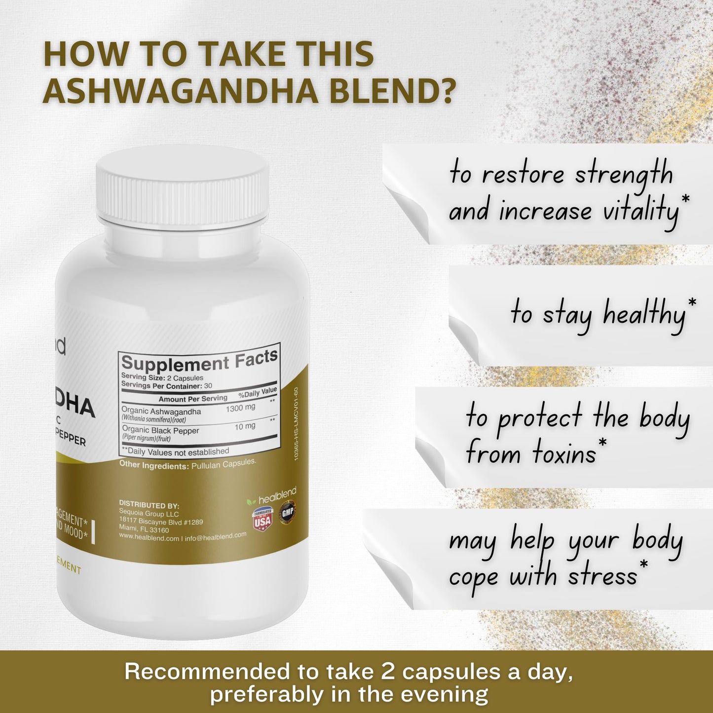 healblend Organic Ashwagandha 1300mg with Black Pepper Extract Capsules, 60 Count
