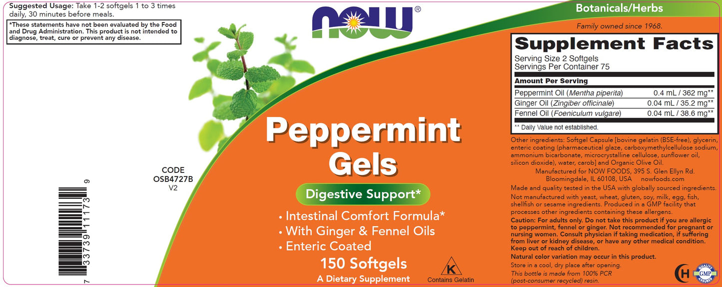 NOW Foods Peppermint Gels with Ginger Oil and Fennel Oil Enteric Coated Softgel 150