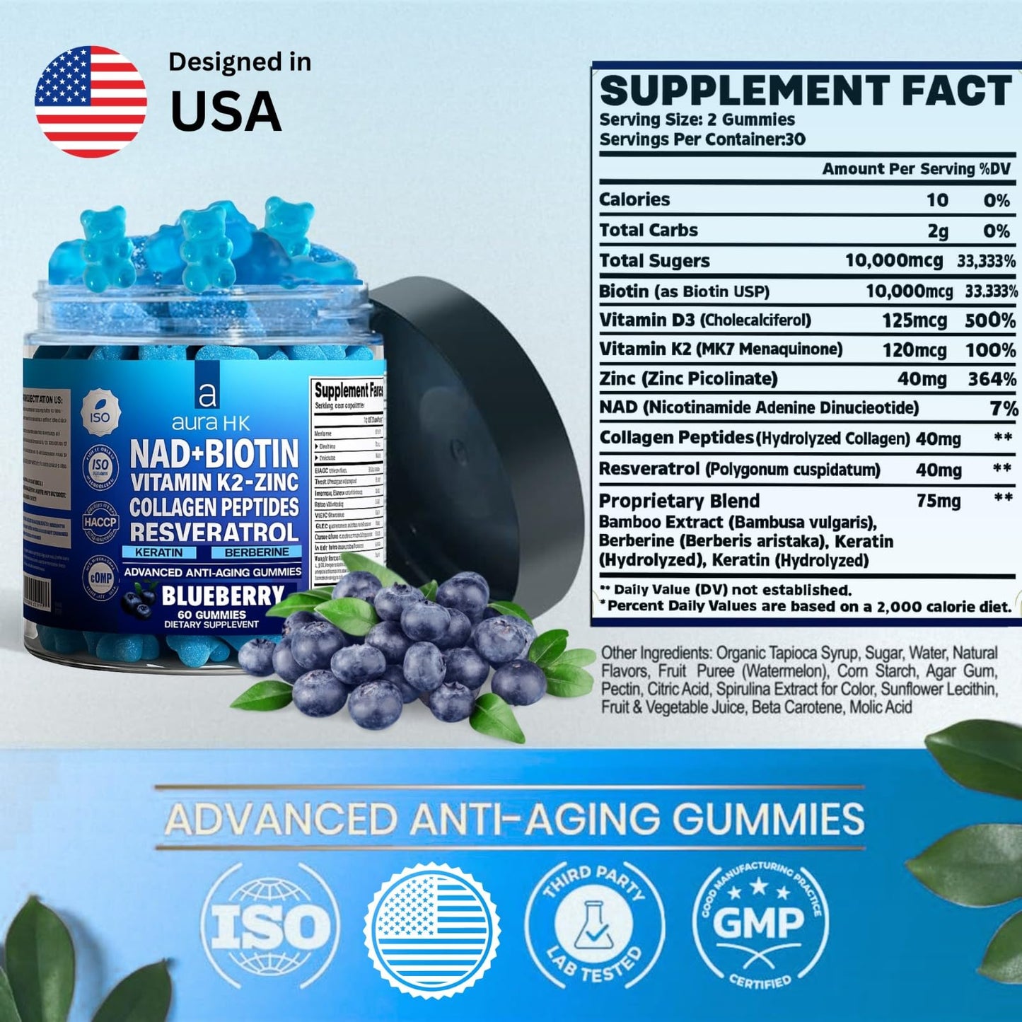Aura HK NAD+Biotin, Resveratrol, Berberine & Anti-Aging Gummies, Hair, Skin, Nails & Joint Support, Collagen Peptides, Keratin, Zinc, Vitamin K2 & D3 Supplement, Regeneration (Blueberry), 60 Gummies