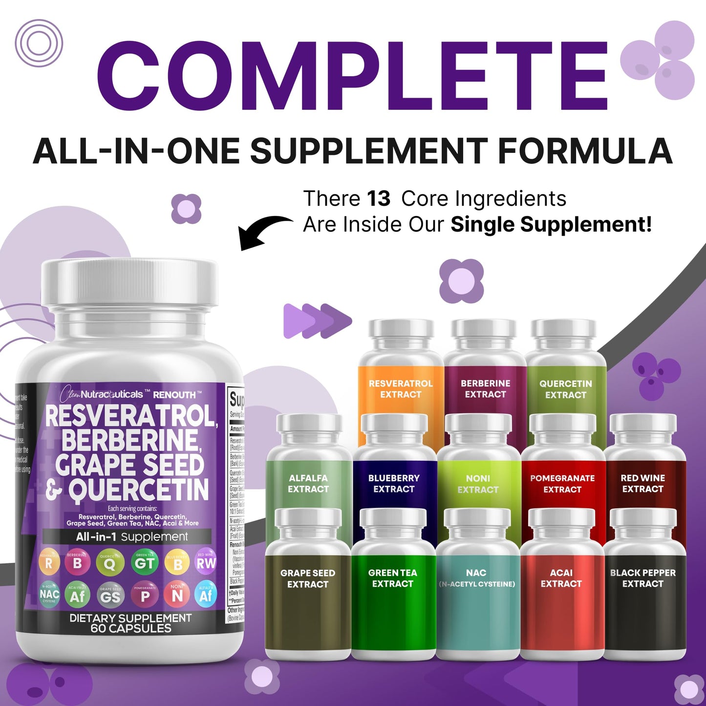 Clean Nutraceuticals Resveratrol Berberine Grape Seed Extract Quercetin Green Tea Extract Polyphenol Supplement N-Acetyl Cysteine Acai, 60 Capsules