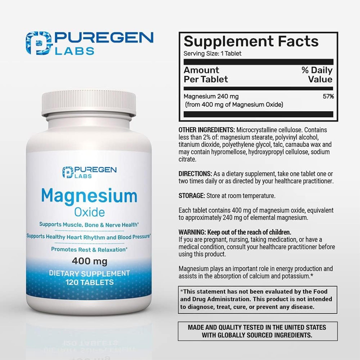 P Puregen Labs Magnesium 400mg High Potency Magnesium Oxide Tablet 360 Count